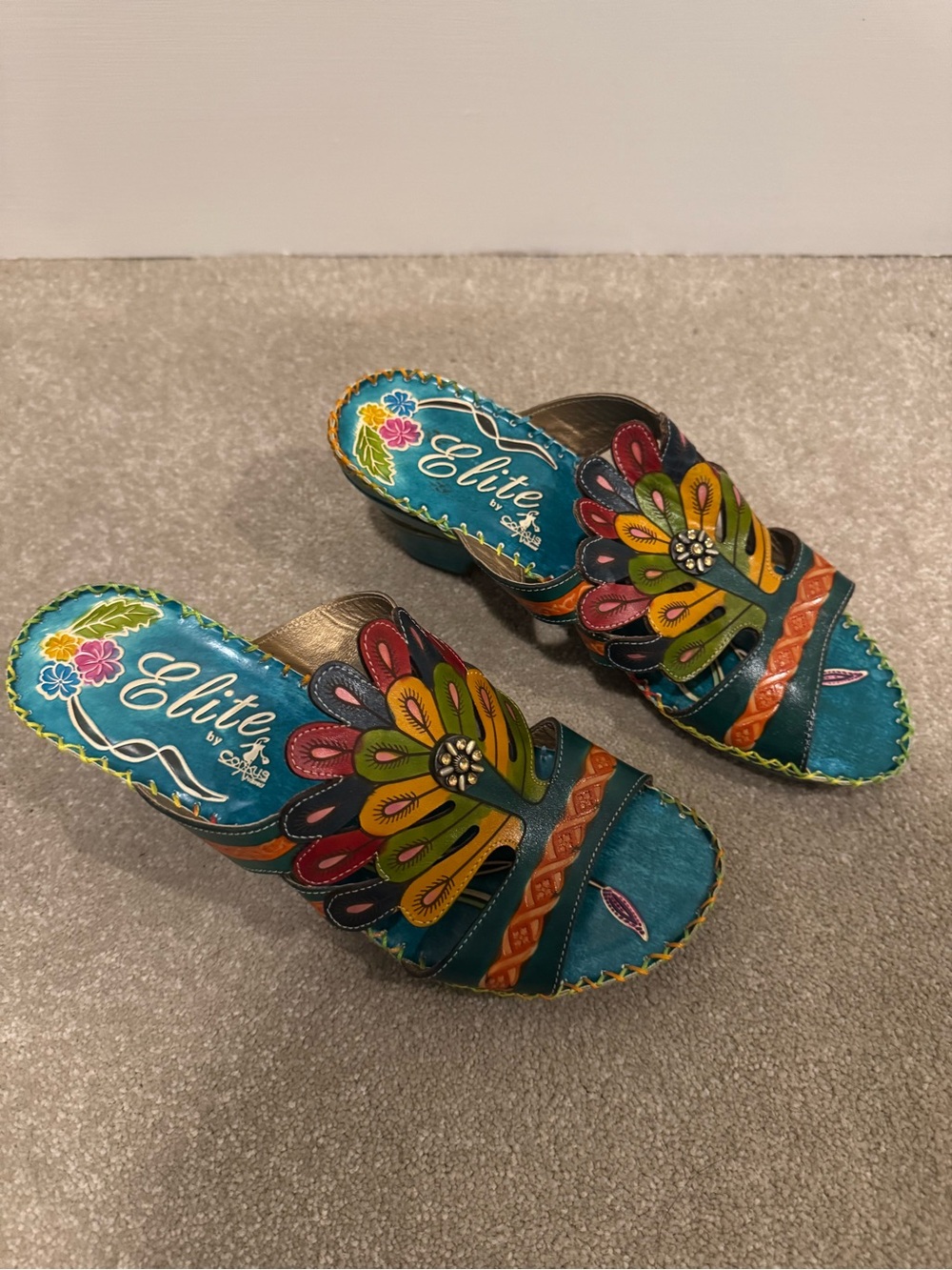 Elite by Corky’s Teal Multicolor Floral Leather Slide Mules